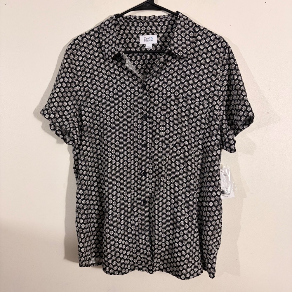Croft & Barrow Shirt Women Large Black White Floral Rayon NWT WC43W300RA